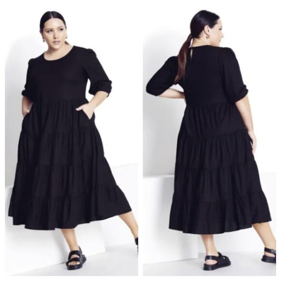 City Chic Women's Linen Blend Contempo Tier Dress Black Size 16 - Picture 1 of 9